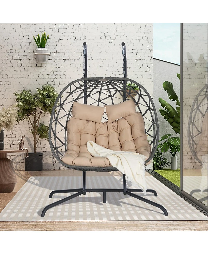 Asagikoiai Outdoor Double Egg Chair with Stand and Cushions, Hanging Wicker Patio Swing