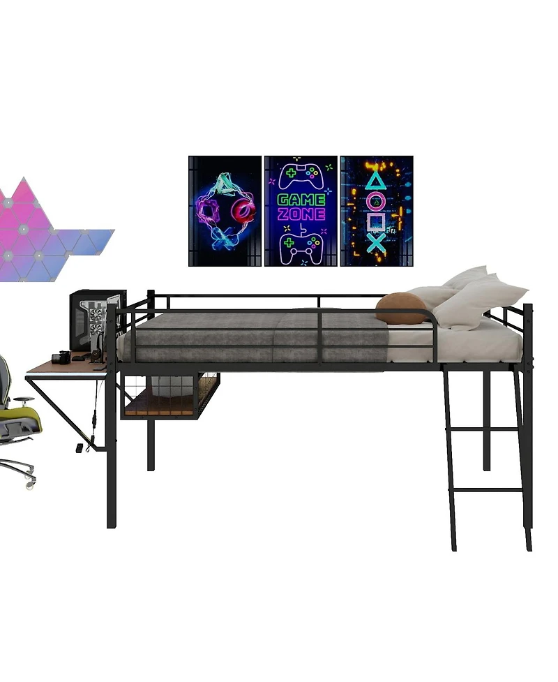 Streamdale Furniture Metal Loft Bed with Desk, Led Lights, and Storage