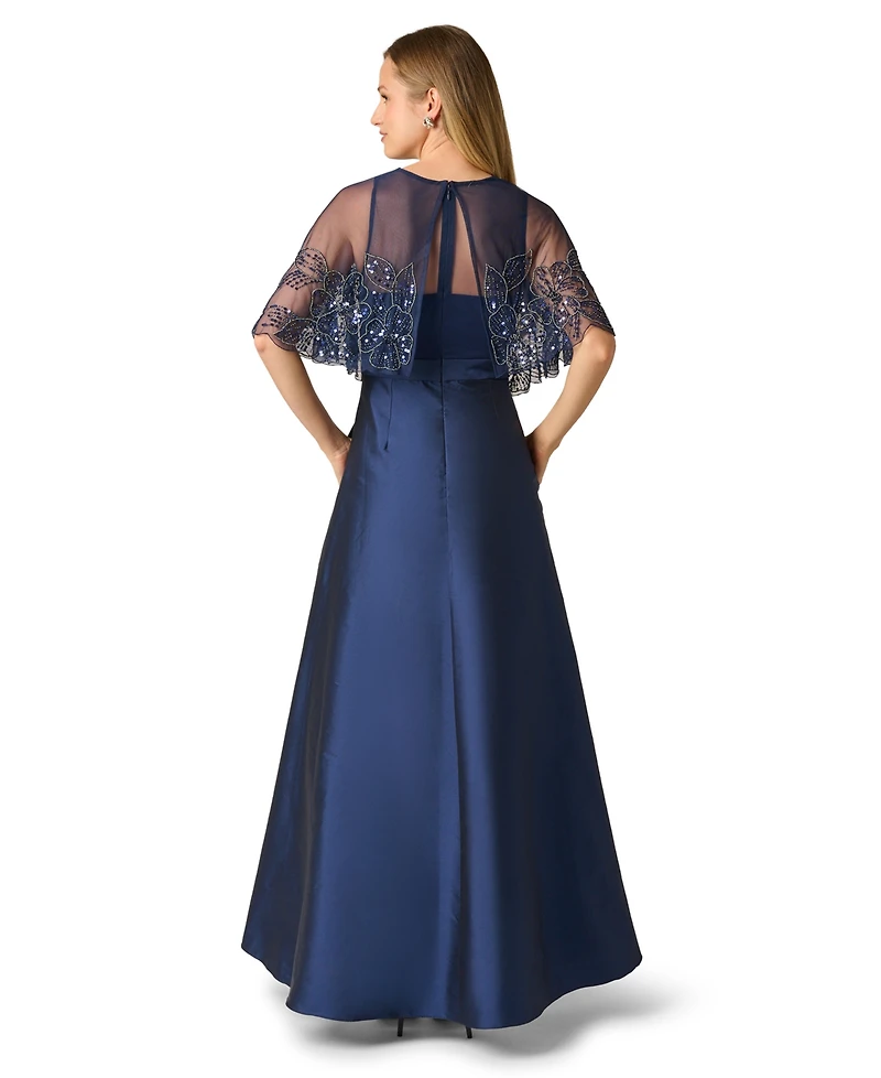 Adrianna Papell Women's Boat Neck Bead Cape Taffeta Dress