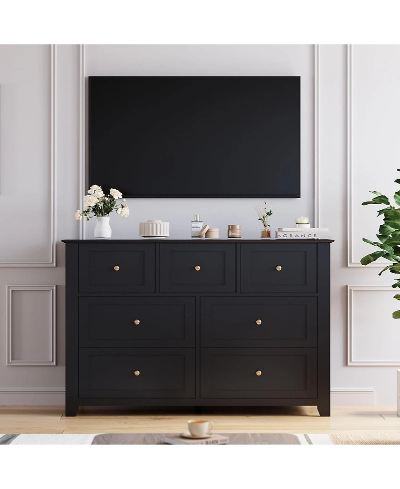 gaomon 7 Drawer Dresser, Modern Wood Chest With Gold Handles, Large Storage For Bedroom Or Hallway