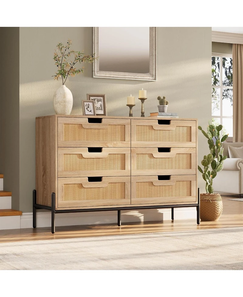 gaomon 6-Drawer Rattan Chest, Boho Wood Dresser for Bedroom