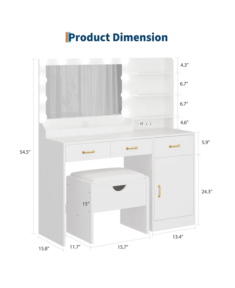 gaomon Vanity Desk with Mirror and Lights, Set Upholstered Storage Stool, Makeup Power Outlet 11 Led Bulbs, Dressing Table