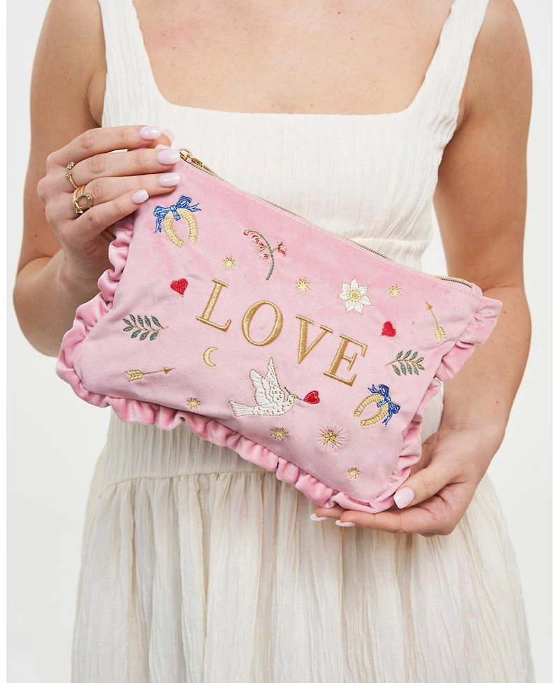 Fable England Women's Love Velvet Embroidered Pouch