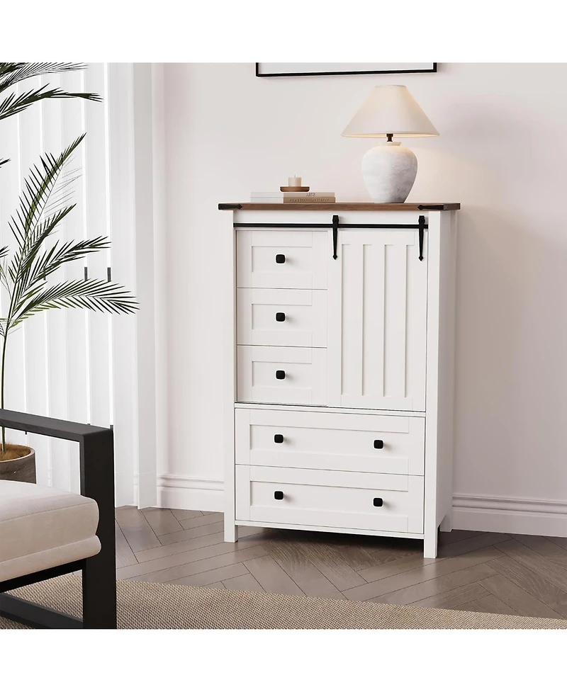 gaomon 5-Drawer Farmhouse Dresser With Barn Door And Shelves, Tall Chest