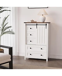 gaomon 5-Drawer Farmhouse Dresser With Barn Door And Shelves, Tall Chest