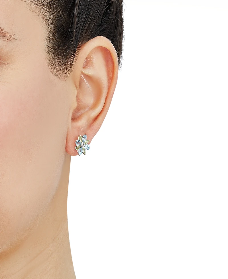 Macy's Swiss Blue Topaz (1-1/3 ct. t.w.), Peridot (5/8 ct. t.w.) & White Topaz (1/20 ct. t.w.) Flower Stud Earrings in Sterling Silver