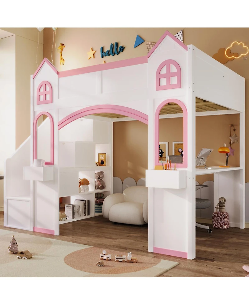 Streamdale Furniture Full Size Wood Castle Loft Bed with Storage, Desk, and Led Lights