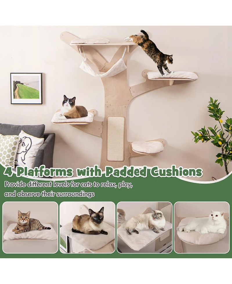 Gymax Wall-Mounted Cat Tower with Hammock 4 Platforms Sisal Scratching Mat for Indoor