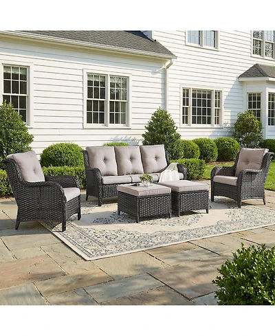 Pocassy 5-Pieces Patio Furniture Set, Outdoor Wicker Sofa Couch with Chairs Ottomans Red Cushions, All Weather High Back Modern Conversation Set
