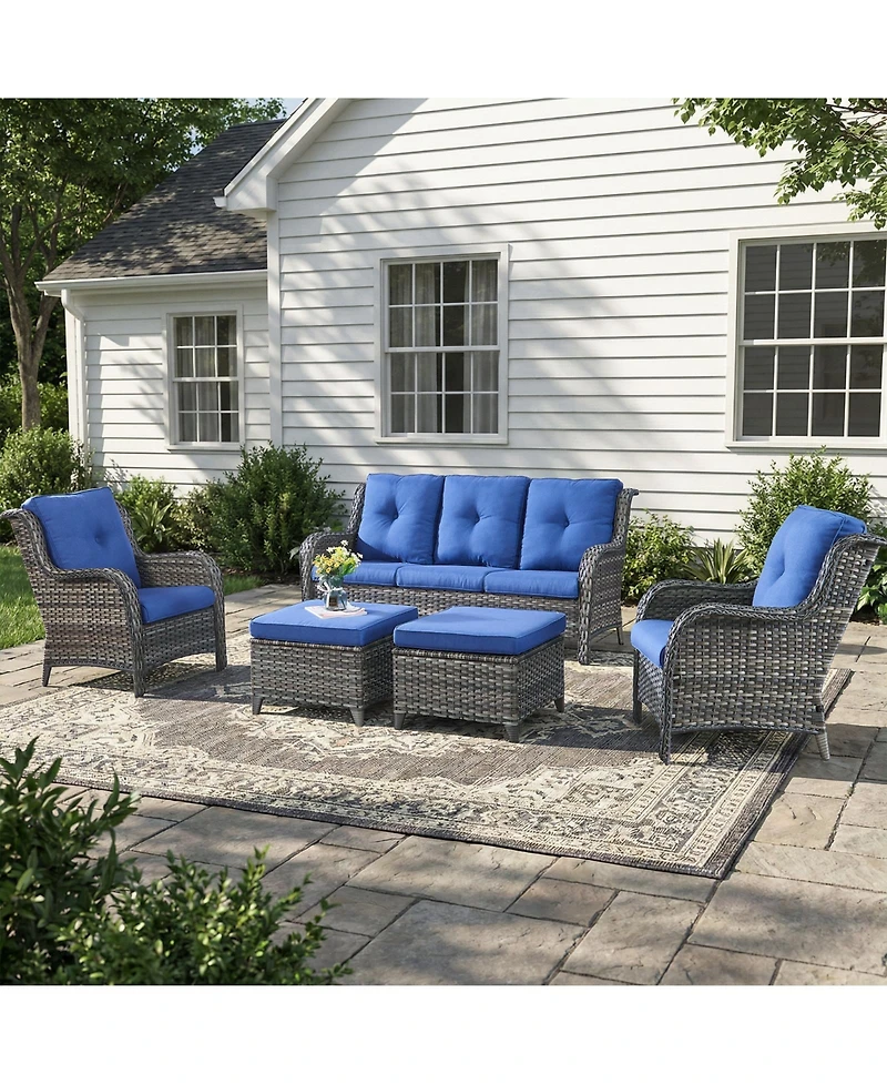 Pocassy 5-Pieces Patio Furniture Set, Outdoor Wicker Sofa Couch with Chairs Ottomans Red Cushions, All Weather High Back Modern Conversation Set