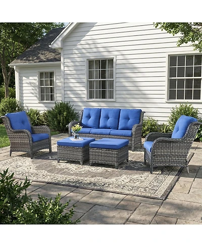 Pocassy 5-Pieces Patio Furniture Set, Outdoor Wicker Sofa Couch with Chairs Ottomans Red Cushions, All Weather High Back Modern Conversation Set
