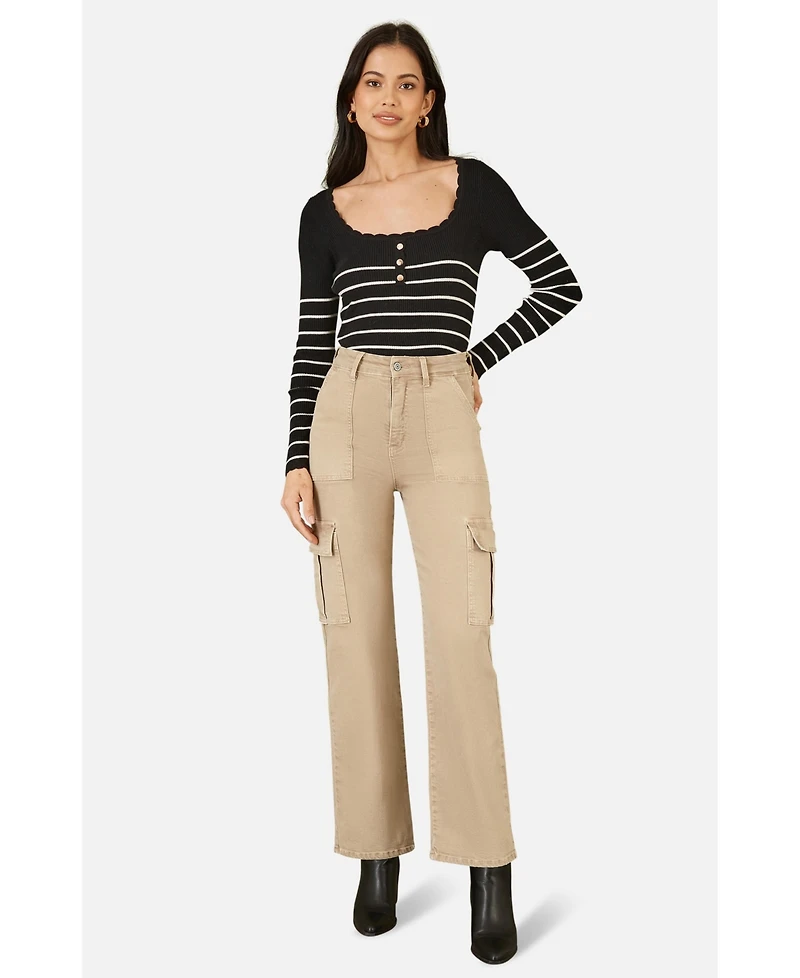 Yumi Women's Button Detail Long Sleeve Rib Knit Top