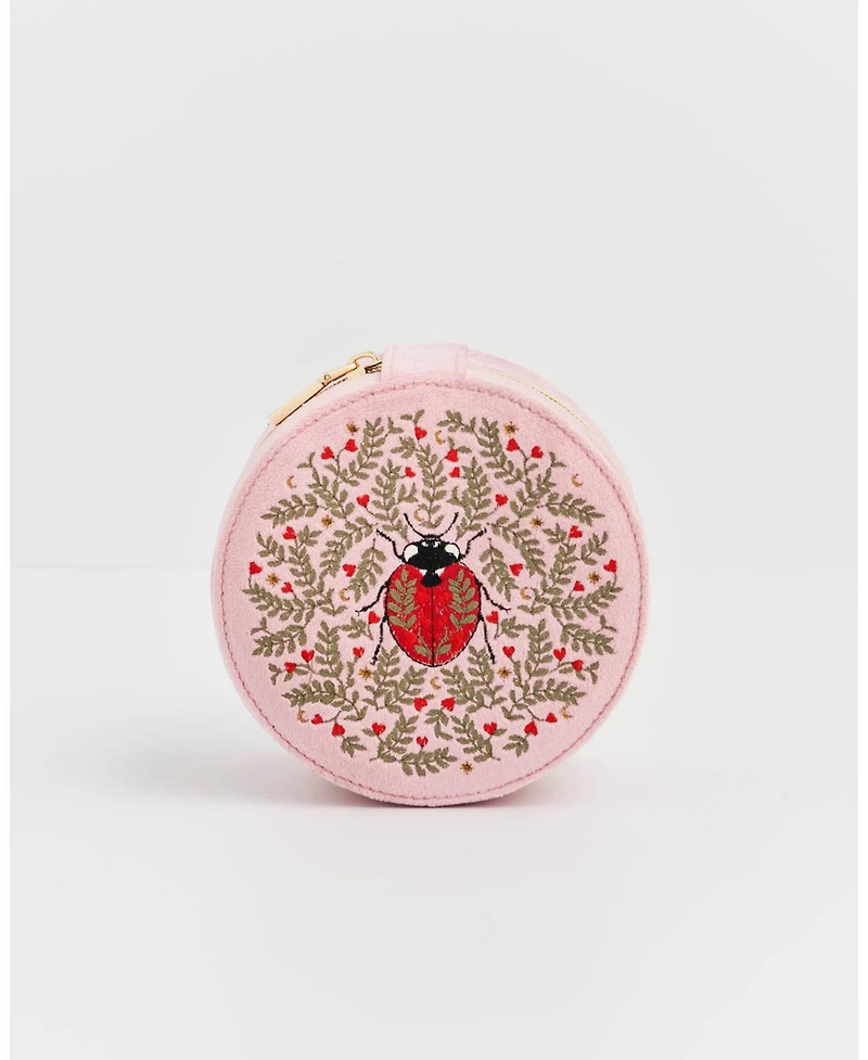 Fable England Women's Ladybird Velvet Embroidered Circle Jewellery Box