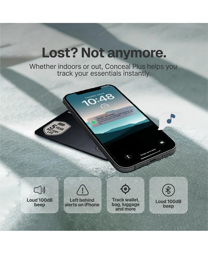 Conceal Plus Men's Wallet Finder Slim Tracker with 5-Year Battery Life for Wallet, Backpack, Luggage and More, Works with Apple Find My iOS