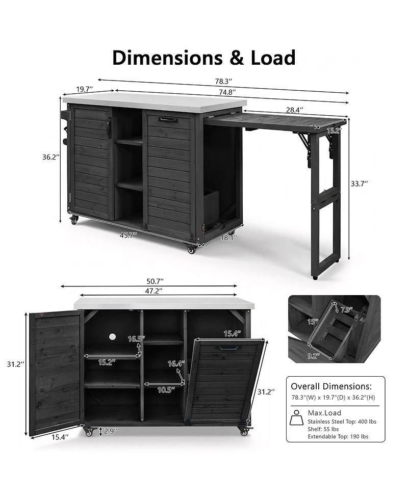 Mondawe 78.3" Outdoor Kitchen Island with Foldable Grill Table & Stainless Steel Top