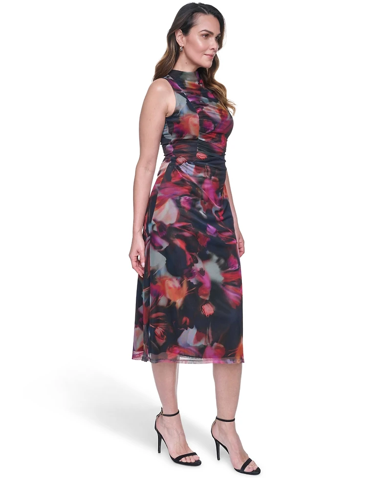 Vince Camuto Women's Printed Mesh Shirred Midi Dress