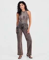Bar Iii Women's Dirty Denim Halter-Neck Top, Macy's Exclusive