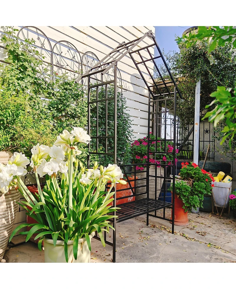 Clihome Metal Garden Arch with Bench Turned into Flower Stand W58.07H97.24 Climbing Plants Support Rose Arch Outdoor