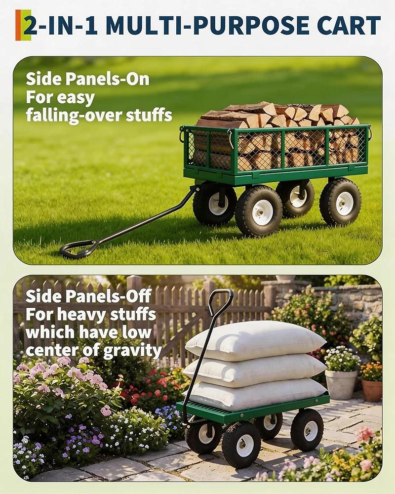gaomon 1000 lbs Heavy Duty Steel Garden Cart with Removable Mesh Sides 13in All-Terrain Pneumatic Tires Utility Wagon with 180 Rotating