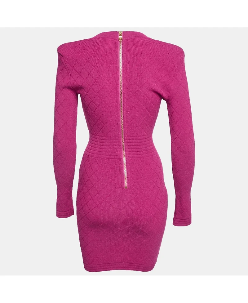 Pre-Owned Balmain Women's Fuchsia Jacquard Knit Button Detail Mini Dress