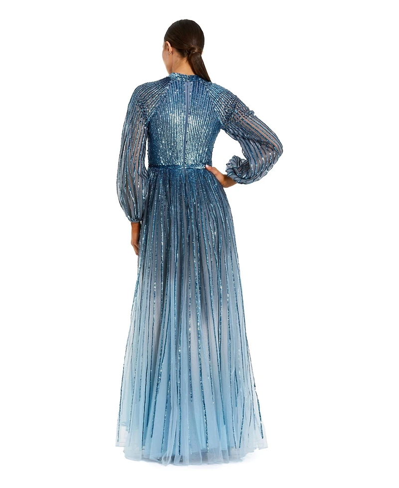 Mac Duggal Women's Ombre Beaded Bishop Sleeve A-Line Gown