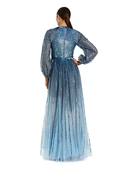 Mac Duggal Women's Ombre Beaded Bishop Sleeve A-Line Gown