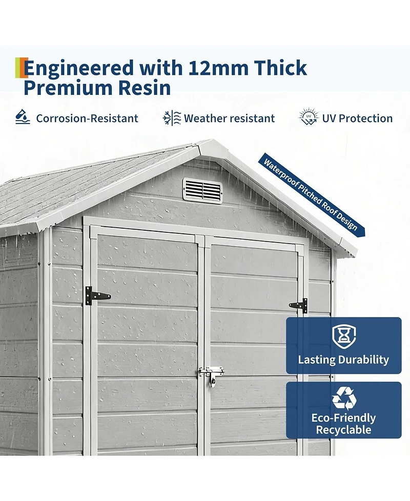 gaomon 6x4 Feet Plastic Outdoor Storage Shed with Floor and Window, Resin Garden Shed with Lockable Door, Double Wall Panels, Vents and Sloped Roof