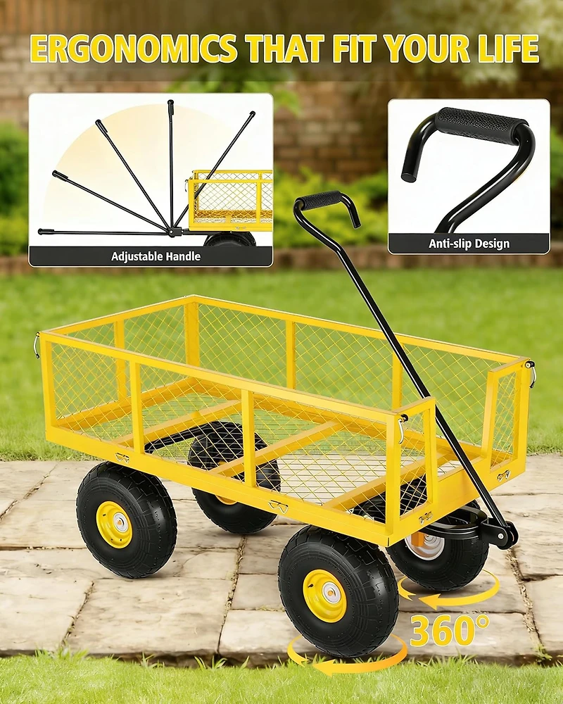 gaomon Heavy Duty Steel Garden Cart 500 Lbs Capacity 3-in-1 Wagon with 10-Inch All-Terrain Tires for Gardening Soil and Tool Transport