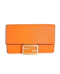 Pre-Owned Fendi Orange Calfskin Mini Flat Baguette with Brown 'Strap You' Strap