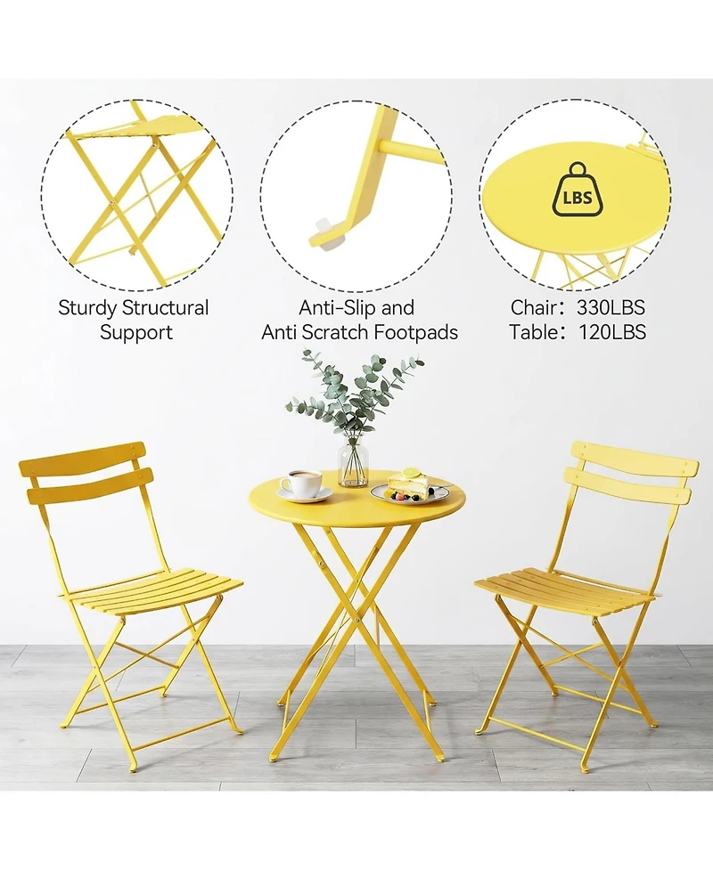 gaomon Folding Patio Bistro Set, Metal Table and Chairs, Outdoor Indoor Space Saving Bistro Furniture for Balcony, Garden