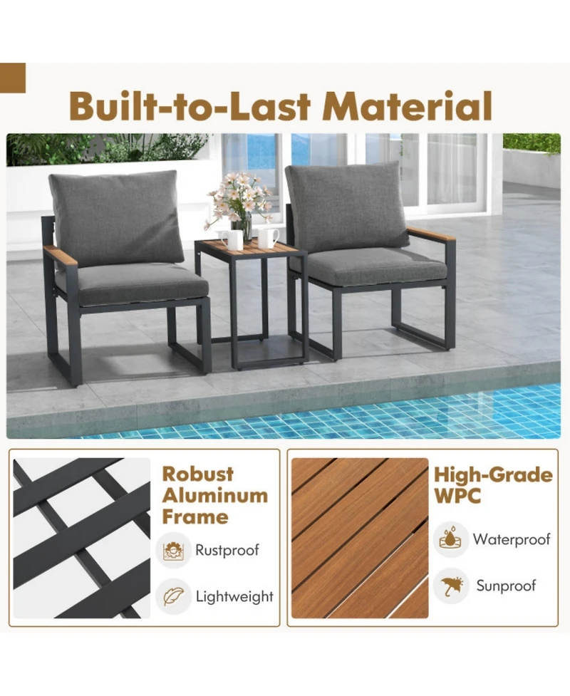 Clihome 3 Pieces Aluminum Frame Weatherproof Outdoor Conversation Set with Soft Cushions
