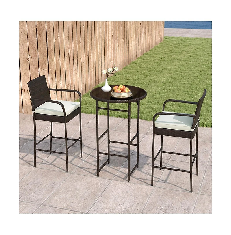 Boyel Living 3 Piece Outdoor Bar Set with 2 Seat Cushions for Porch Yard