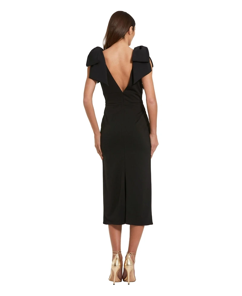 Mac Duggal Petite Statement Bow Shoulder Crepe Midi Dress