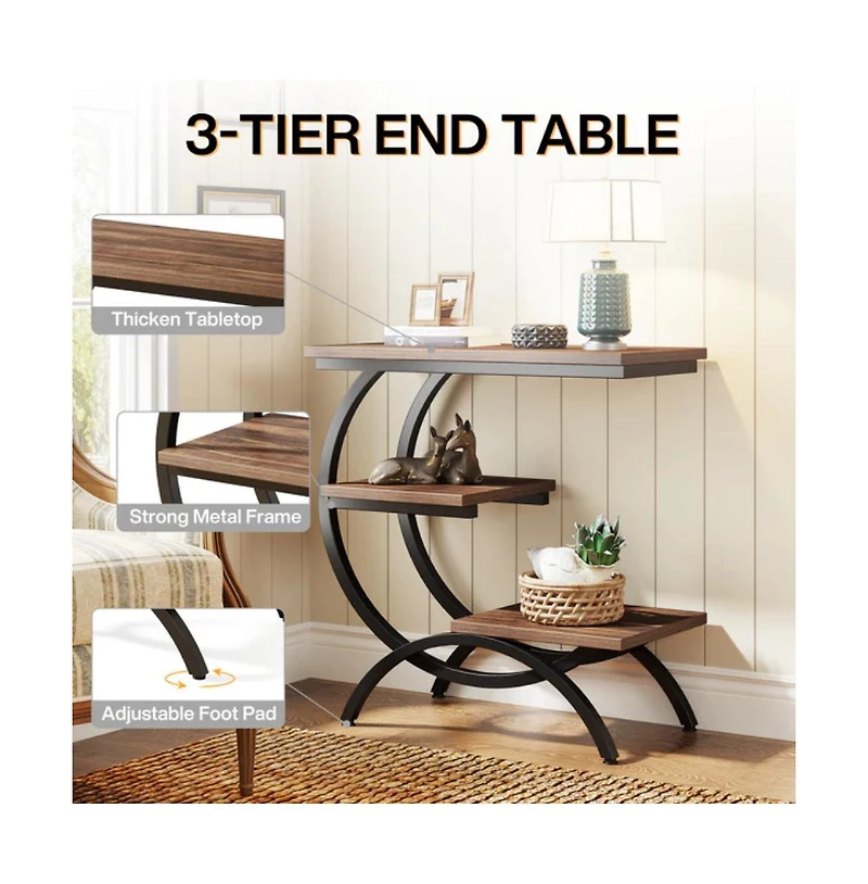 Slickblue C Shaped End Table with 3 Tier Storage for Small Spaces