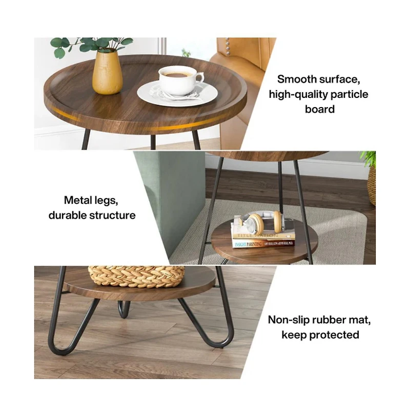 Slickblue 2-Tier Round End Table, Accent Side Table with Metal Legs