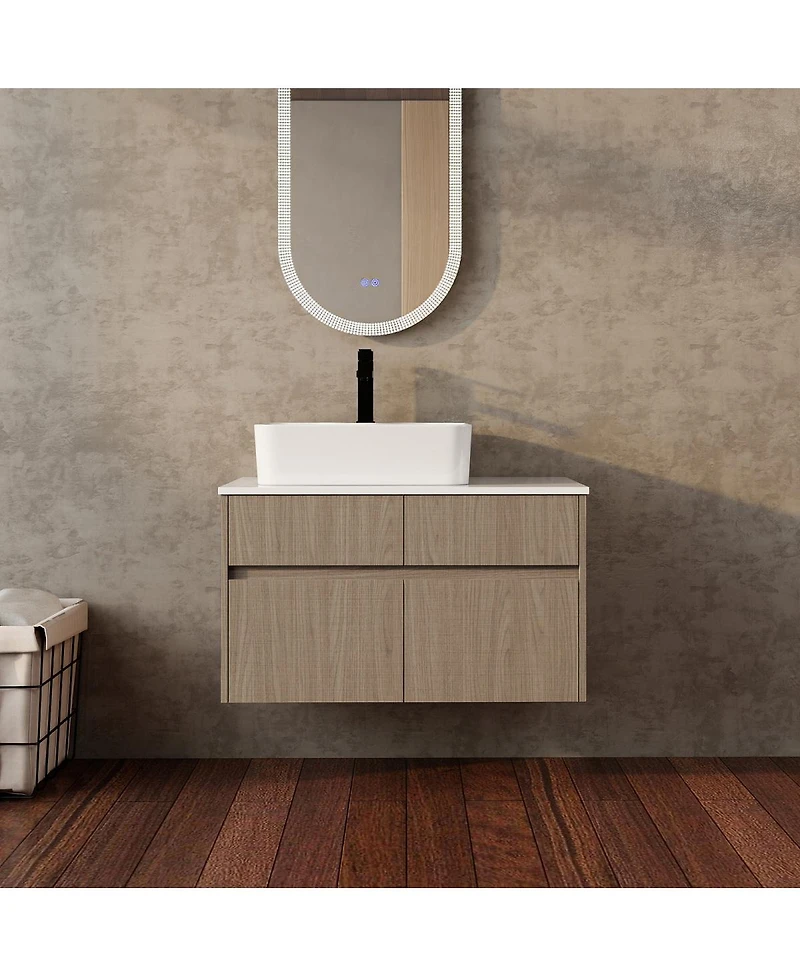 Sillysis Inch Wall Mounted Bathroom Vanity with Ceramic Sink, Storage Drawers and Wood Grain Finish for Modern Bathrooms