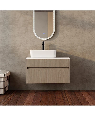 Sillysis Inch Wall Mounted Bathroom Vanity with Ceramic Sink, Storage Drawers and Wood Grain Finish for Modern Bathrooms