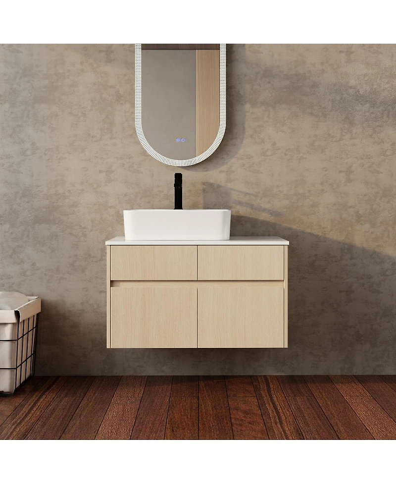 Sillysis Inch Wall Mounted Bathroom Vanity with Ceramic Sink, Storage Drawers and Wood Grain Finish for Modern Bathrooms