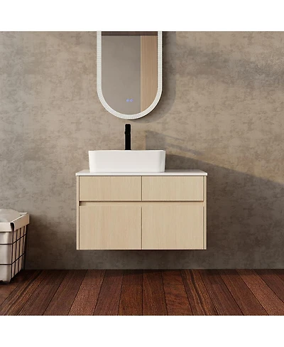 Sillysis Inch Wall Mounted Bathroom Vanity with Ceramic Sink, Storage Drawers and Wood Grain Finish for Modern Bathrooms