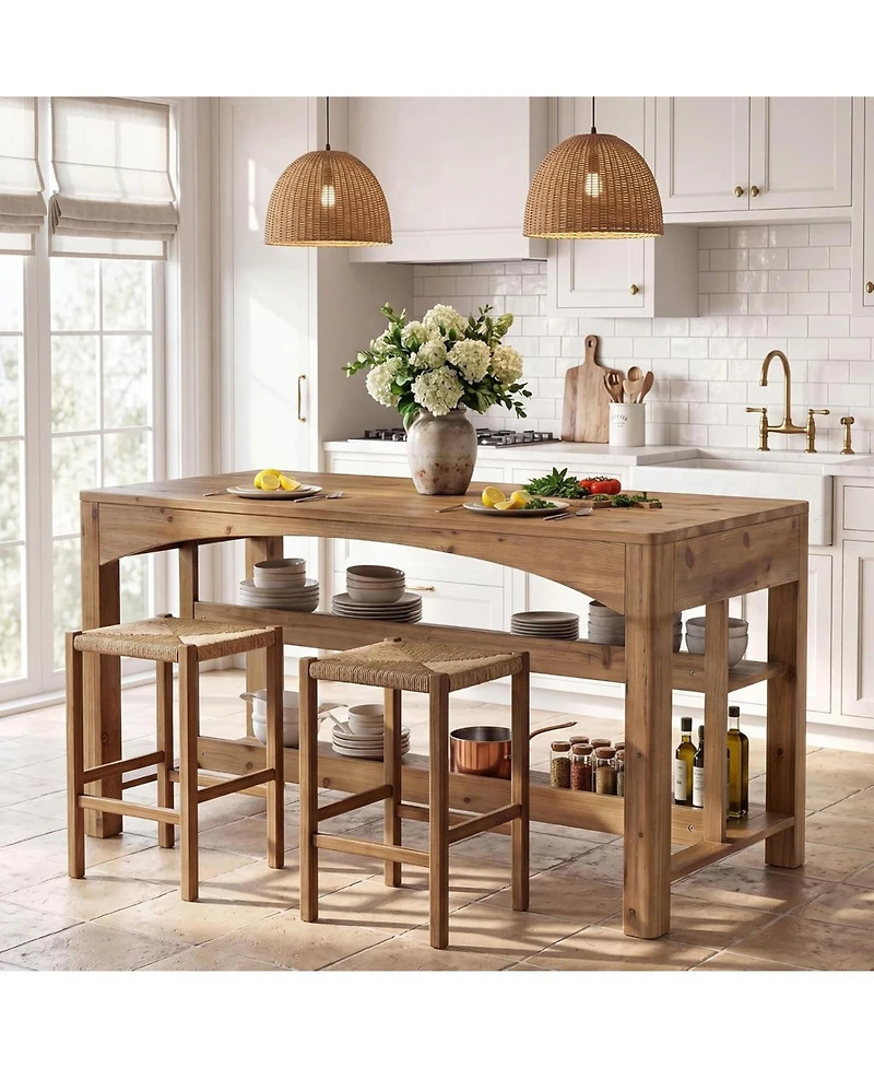 Tribesigns 3-Tier Solid Wood Kitchen Island, 59'' Stationary Island Table with Open Shelves, Large Prep Table