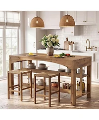 Tribesigns 3-Tier Solid Wood Kitchen Island, 59'' Stationary Island Table with Open Shelves, Large Prep Table