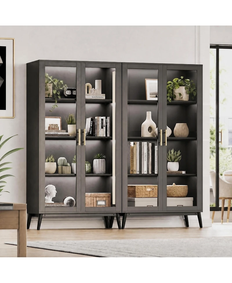 homfan Set of 2 Glass Display Cabinet with Led Lights - 4-Tier Curio Cabinet with Glass Doors, Smart Sensor and Usb Charging