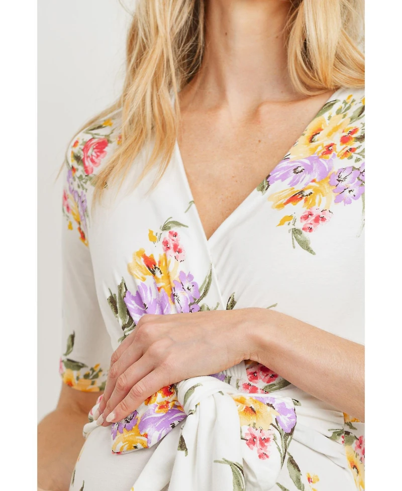 Hello Miz Maternity Floral Short Sleeve Wrap Nursing Dress with Tie Waist