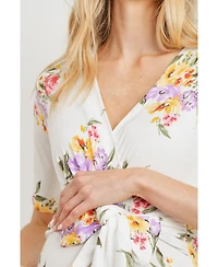 Hello Miz Maternity Floral Short Sleeve Wrap Nursing Dress with Tie Waist
