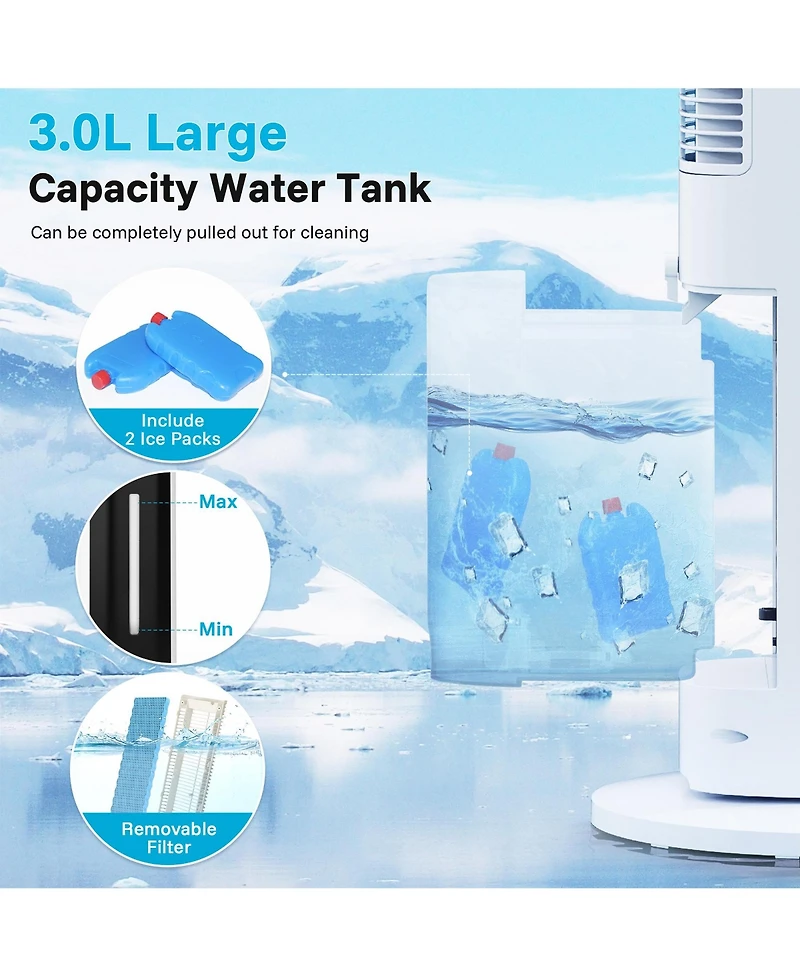 Etust Bladeless Tower Fan with Water Tank and 2 Ice Packs, Oscillating Air Cooler Fan with Remote Control