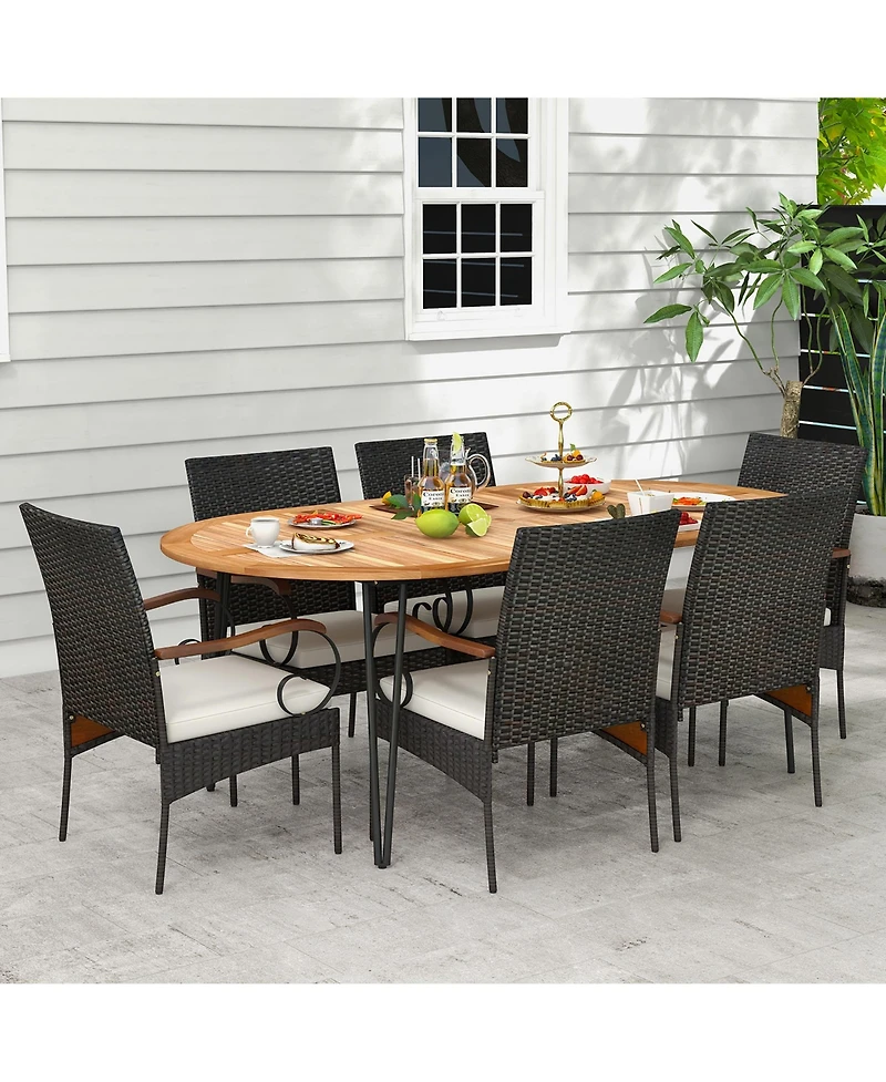 Gymax 9 Pcs Acacia Wood Table and 8 Patio Wicker Armchairs Patio Rattan Dining Set