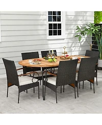 Gymax 9 Pcs Acacia Wood Table and 8 Patio Wicker Armchairs Patio Rattan Dining Set