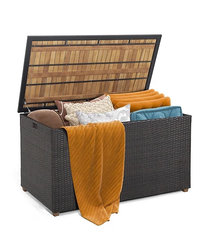 Gymax 134 Gallon Patio Wicker Storage Deck Box with Solid Acacia Wood Backyard