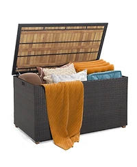 Gymax 134 Gallon Patio Wicker Storage Deck Box with Solid Acacia Wood Backyard