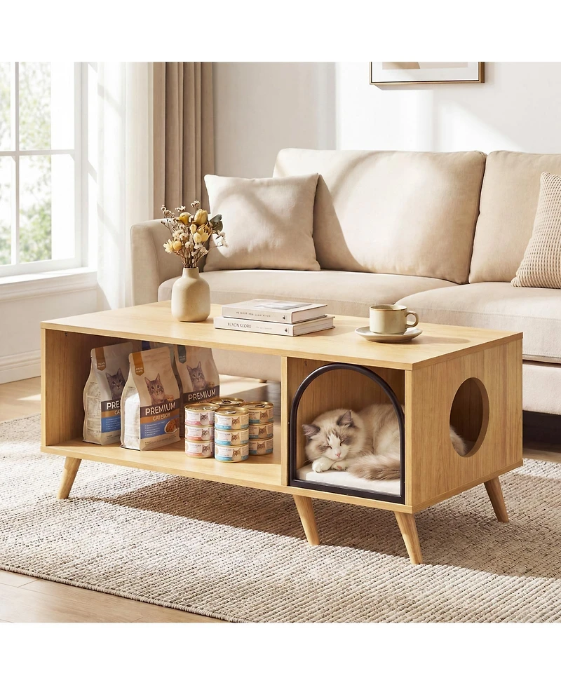 Gymax 40'' Coffee Table w/ Cat House 2-in-1 Farmhouse Cat Furniture Coffee Table